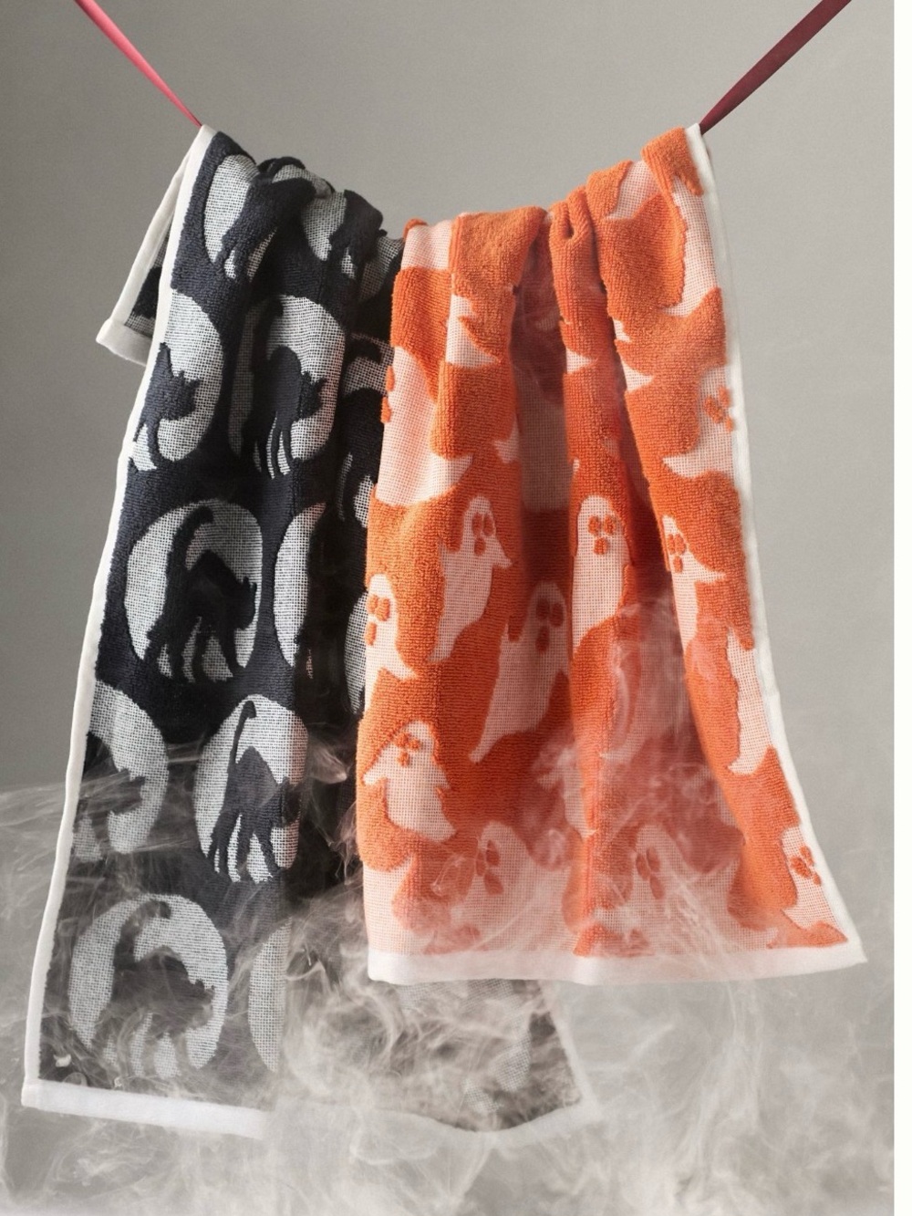 Anthropologie Halloween Dish Towels Set of 2 Ghost Black Cat